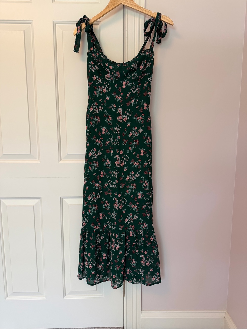 Reformation Nikita Dress in Emilia - Dark Green Floral Tie-Shoulder Midi Dress